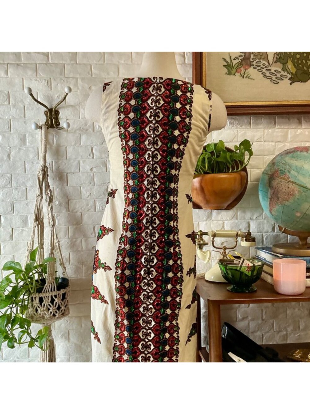 Vintage 70s Bou Boudina Maxi Dress Ornately Sequined Colorful Dashiki Medallion - Picture 9 of 14